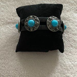 Turquoise Leather Strap Wristband Bracelet Black Adjustable
